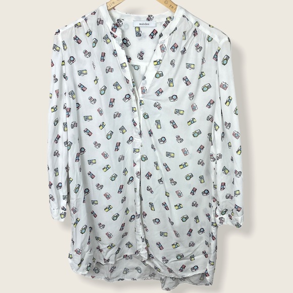mandee Tops - Mandee Camera Print Tunic Blouse Button Up Size XL